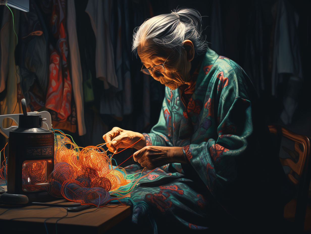 Asian grandma embroidering at night