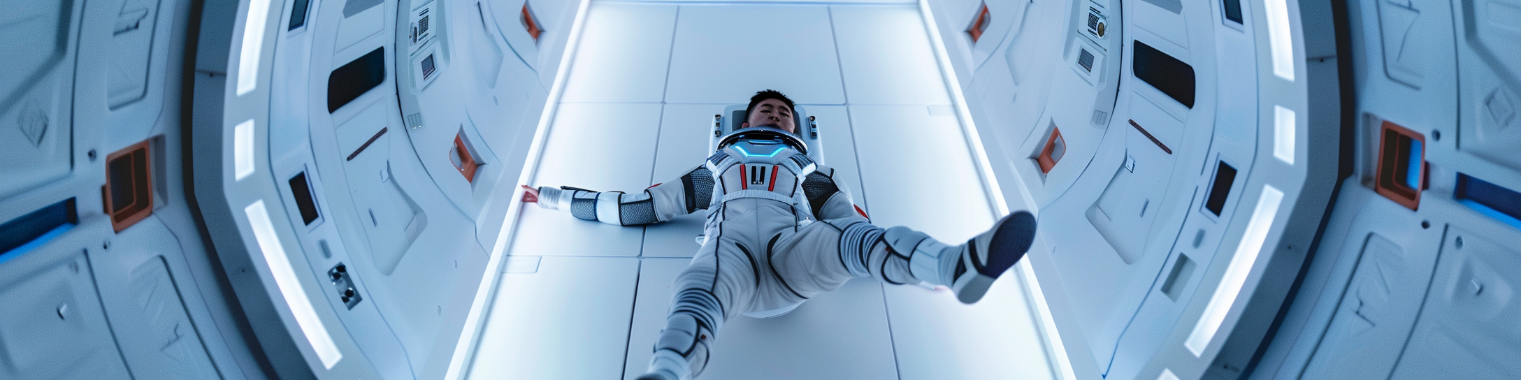 Asian guy in futuristic space suit floating