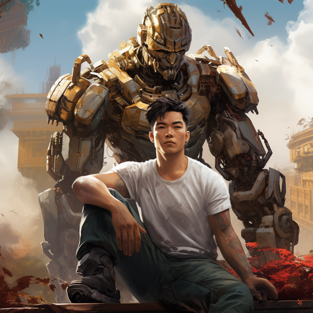 Asian Guy Sitting on Giant Robot