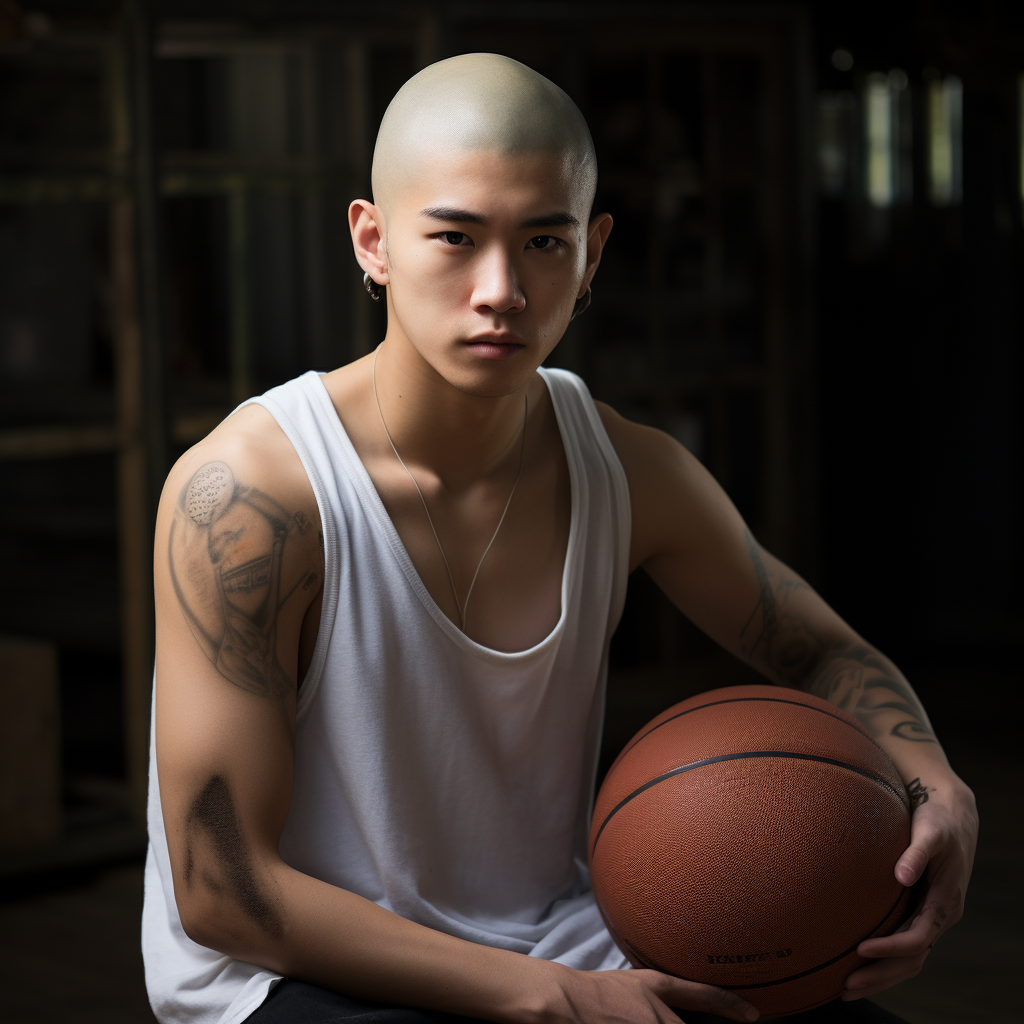 Handsome boy with shaved head wearing basketball vest