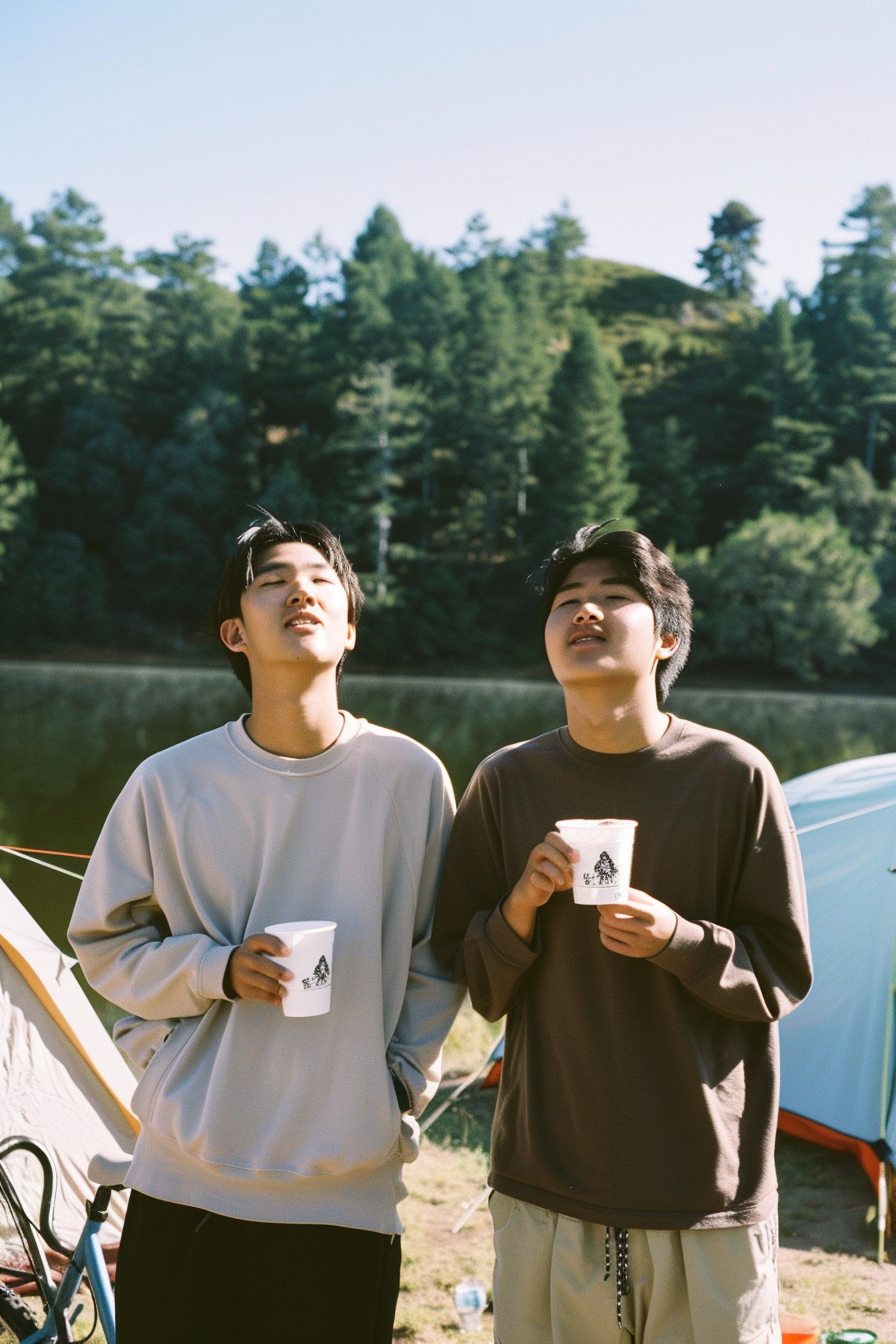 Asian couple camping by lakeside