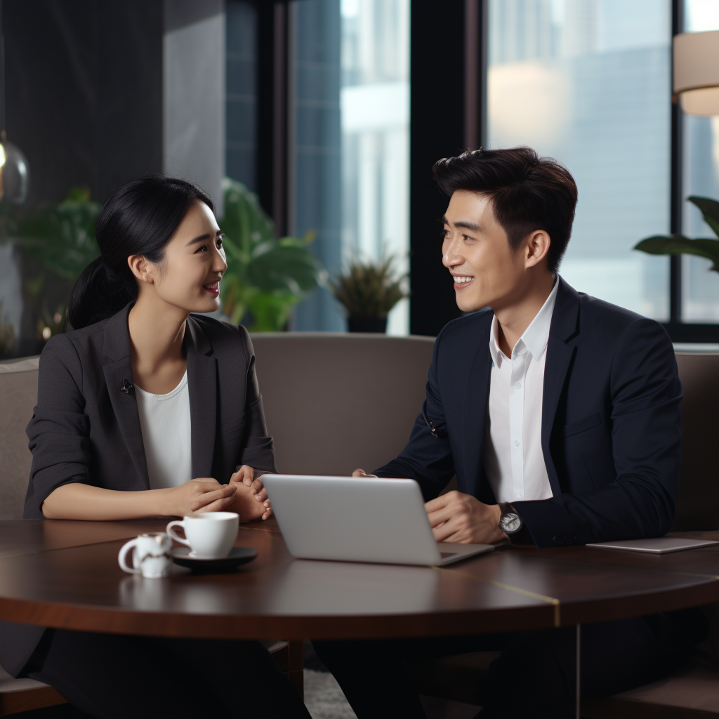 Asian lady interviewing young male in office