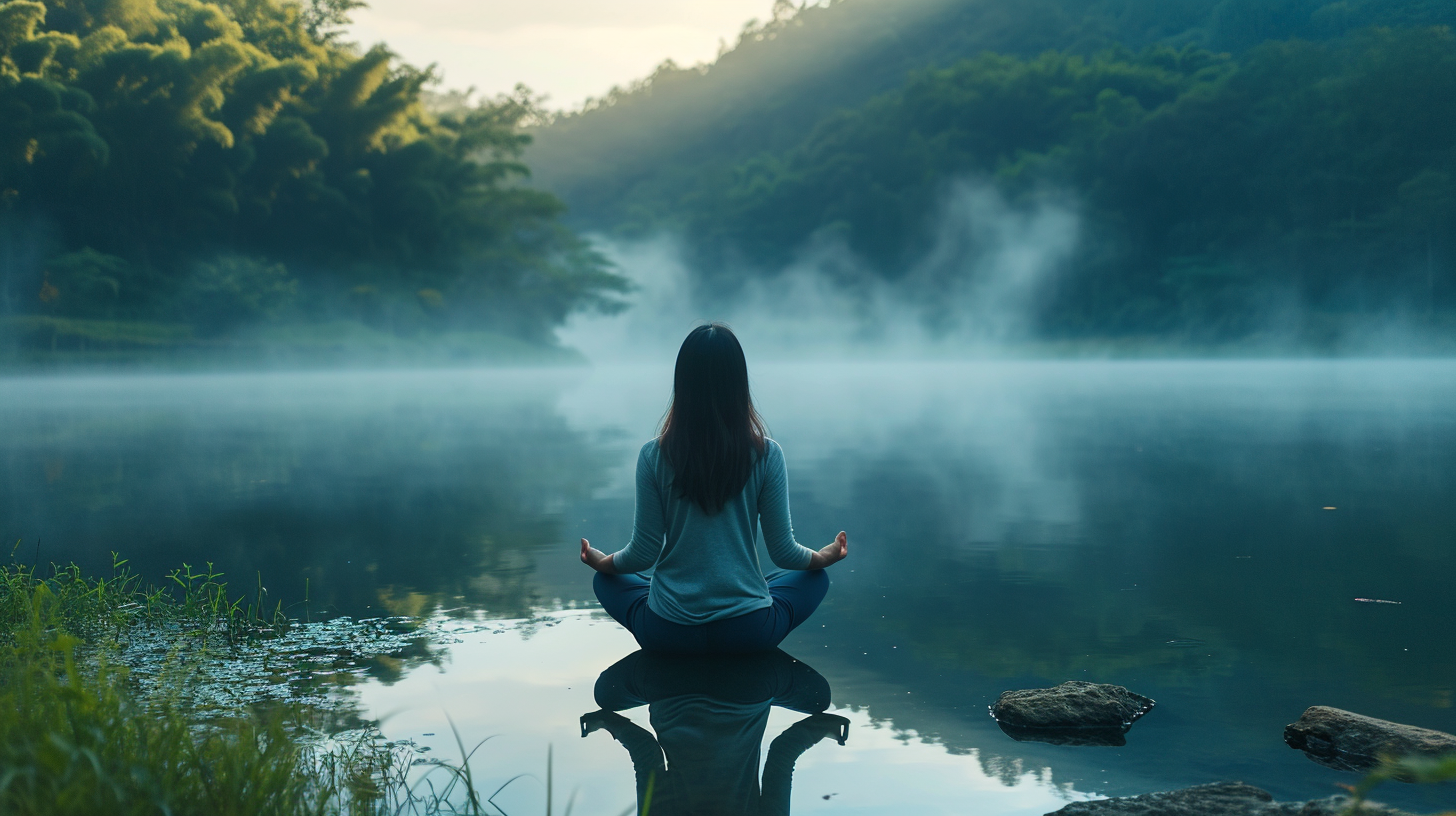 Asian lady meditating by misty lake