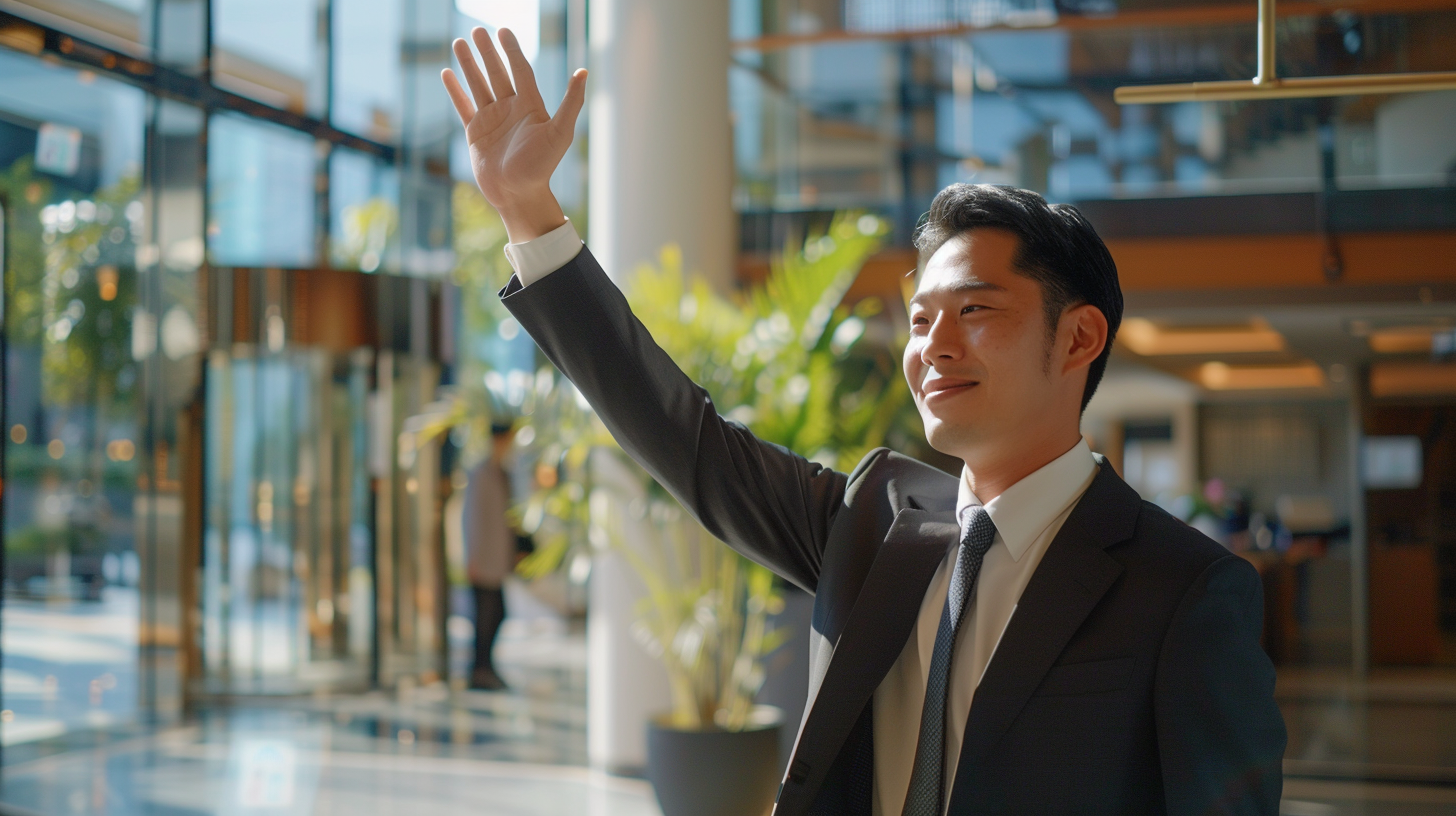 Asian male hotel staff waving goodbye