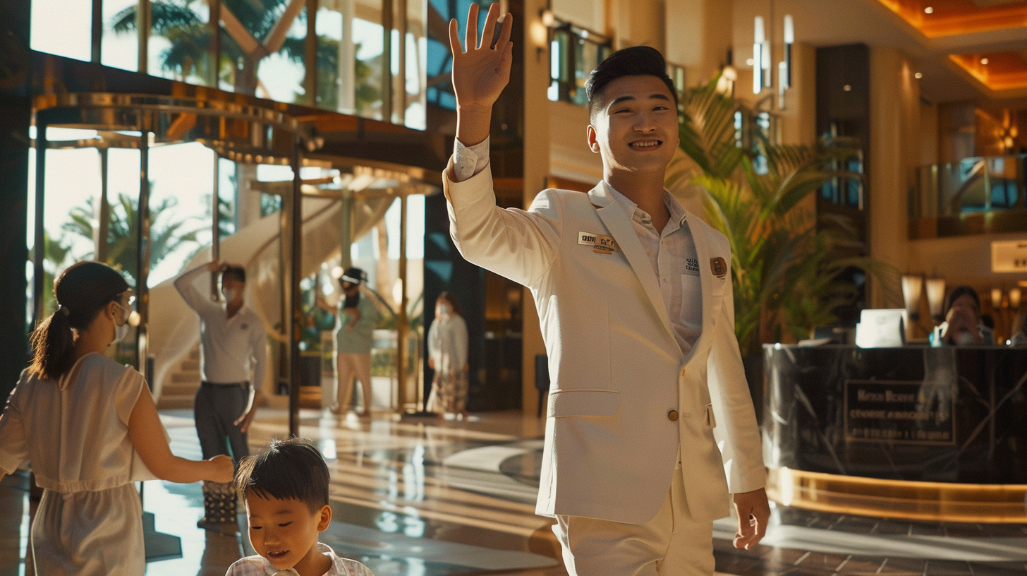 Asian male hotel staff waving goodbye