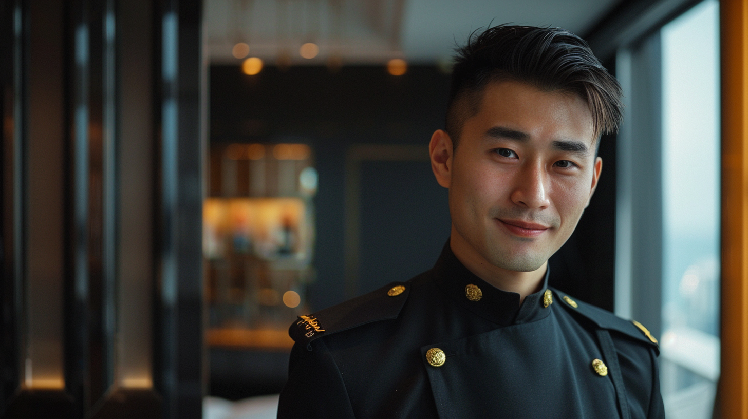 Asian male staff winking at modern hotel