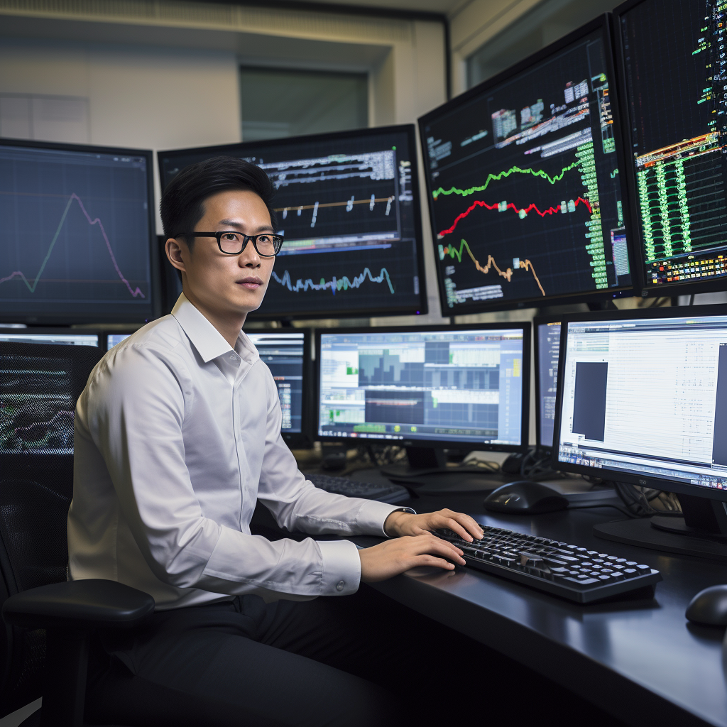 Asian man trader with computer code