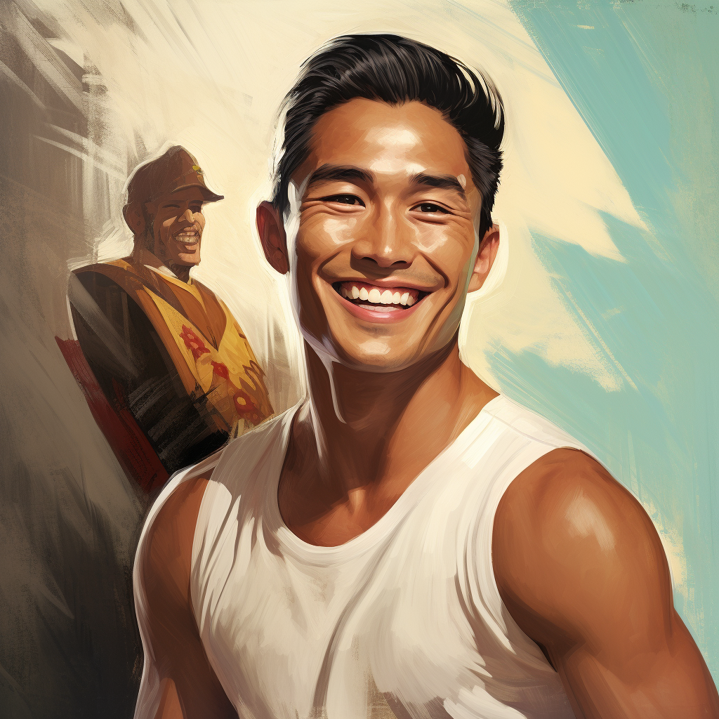 Smiling Asian Male Surfer Gil Elvgren