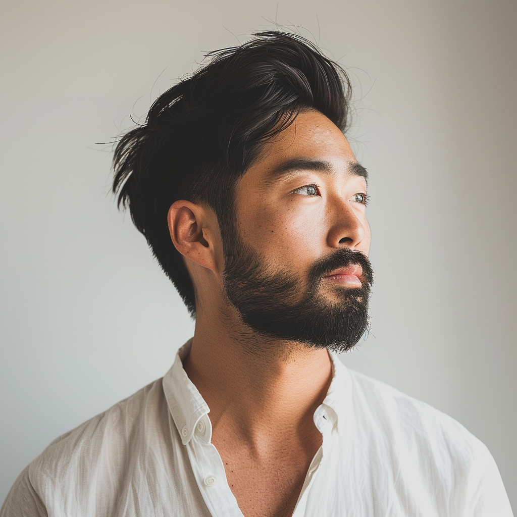 Asian man with beard in model pose