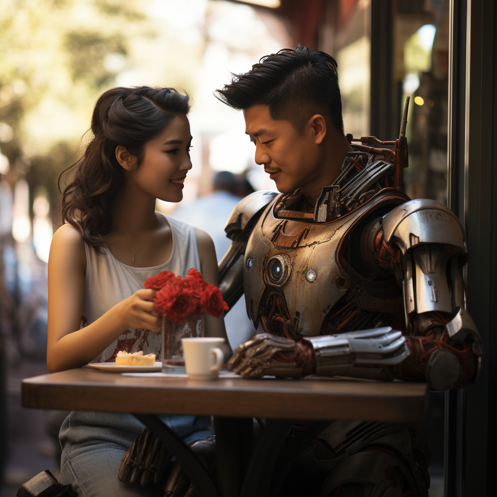 Asian man on a date with a robot woman