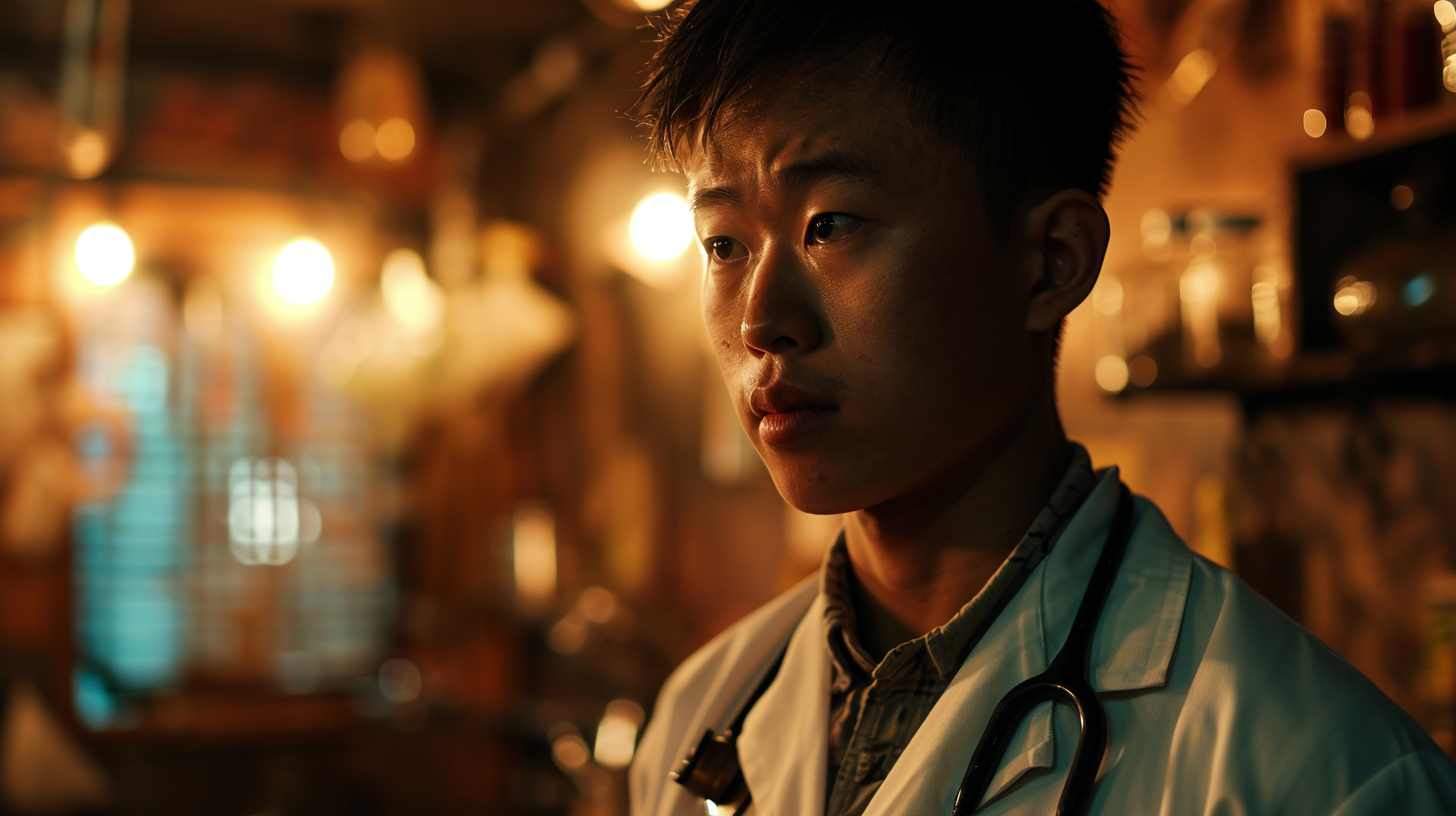 Asian man dressed as doctor in nasapunk setting