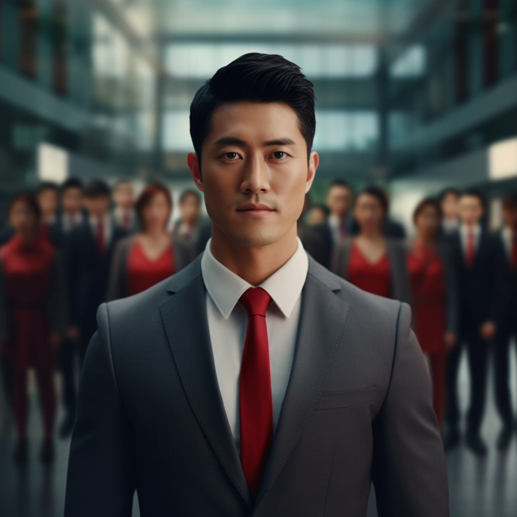 Asian man leading successful team