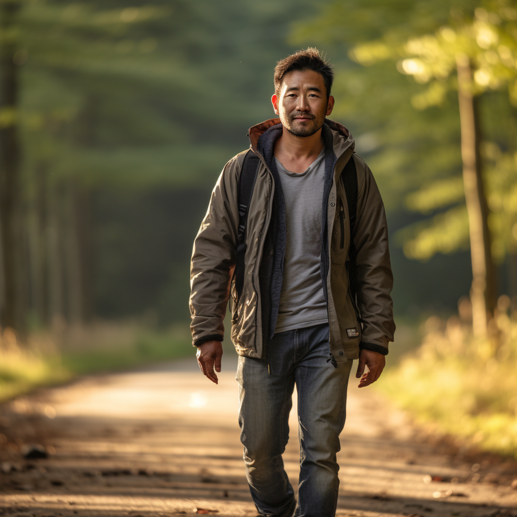 Asian man enjoying nature walk