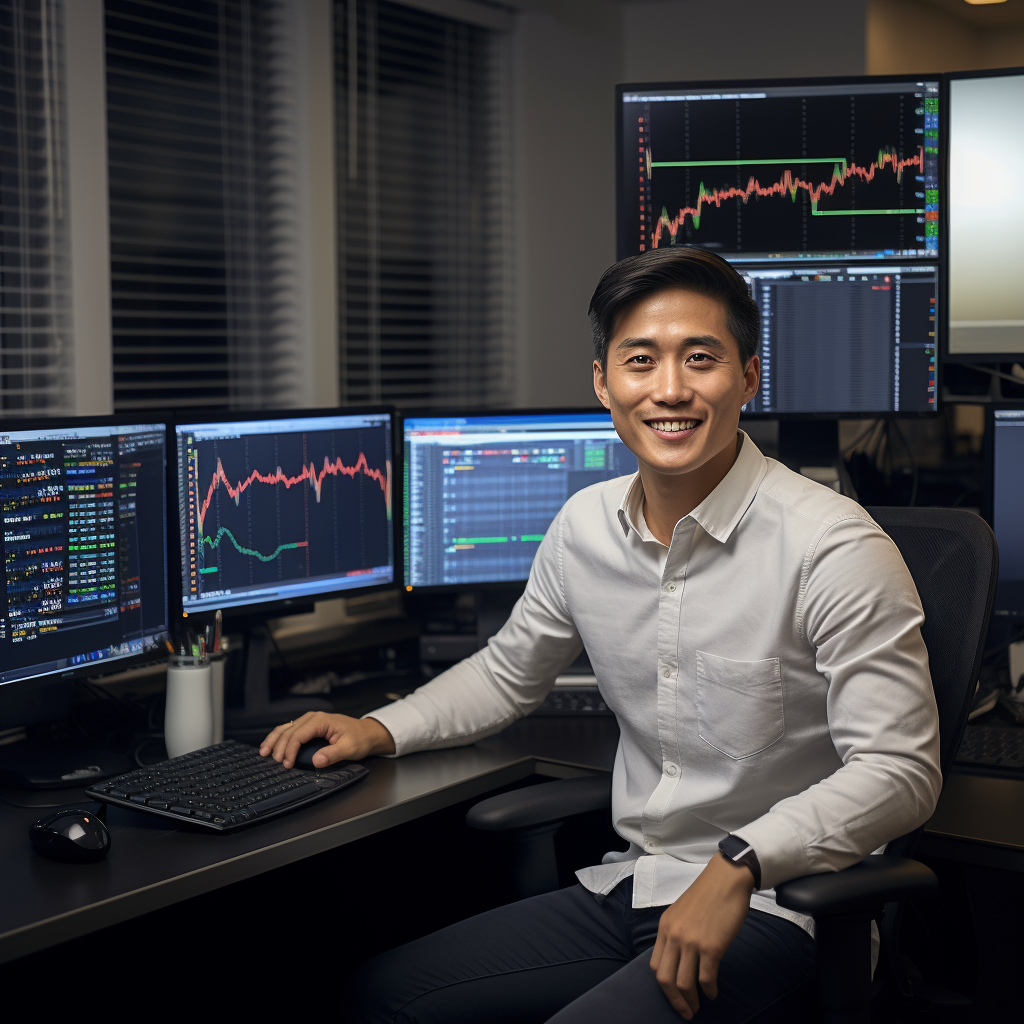 Asian man quantitative trader smiling at camera