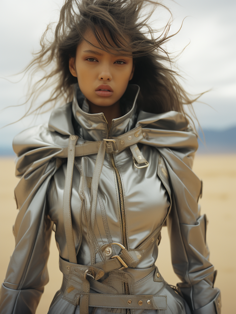 Asian model in silvery gray hair on white sands