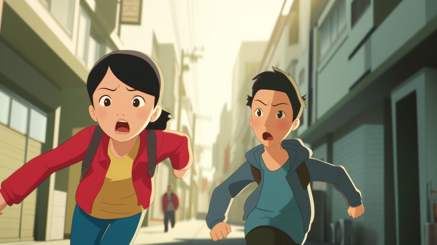 Asian mom chasing her son in Shin-Chan cartoon style