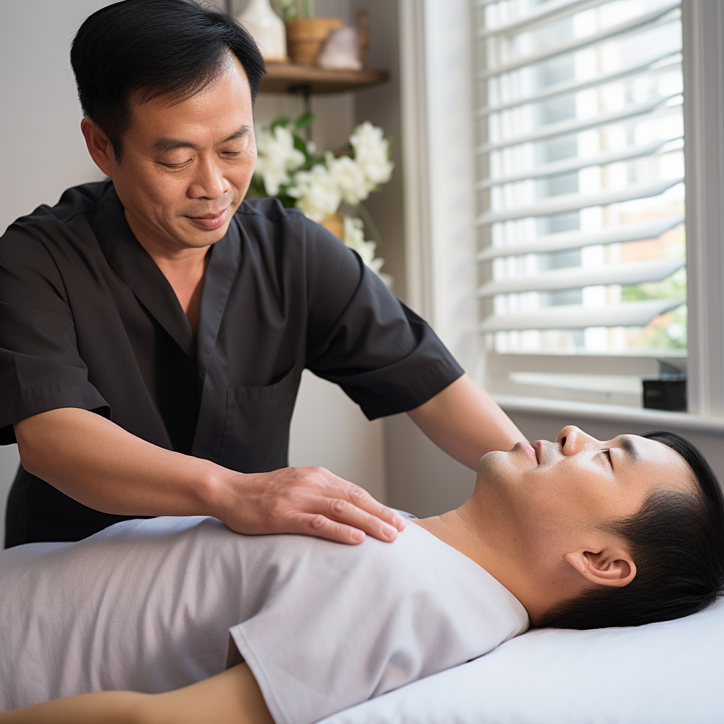 Asian Osteopath Treating Patient on Table