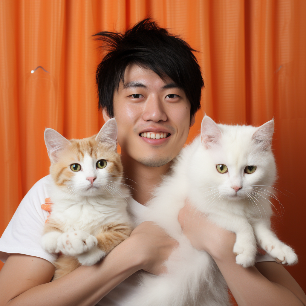 Asian owner with cats and dogs