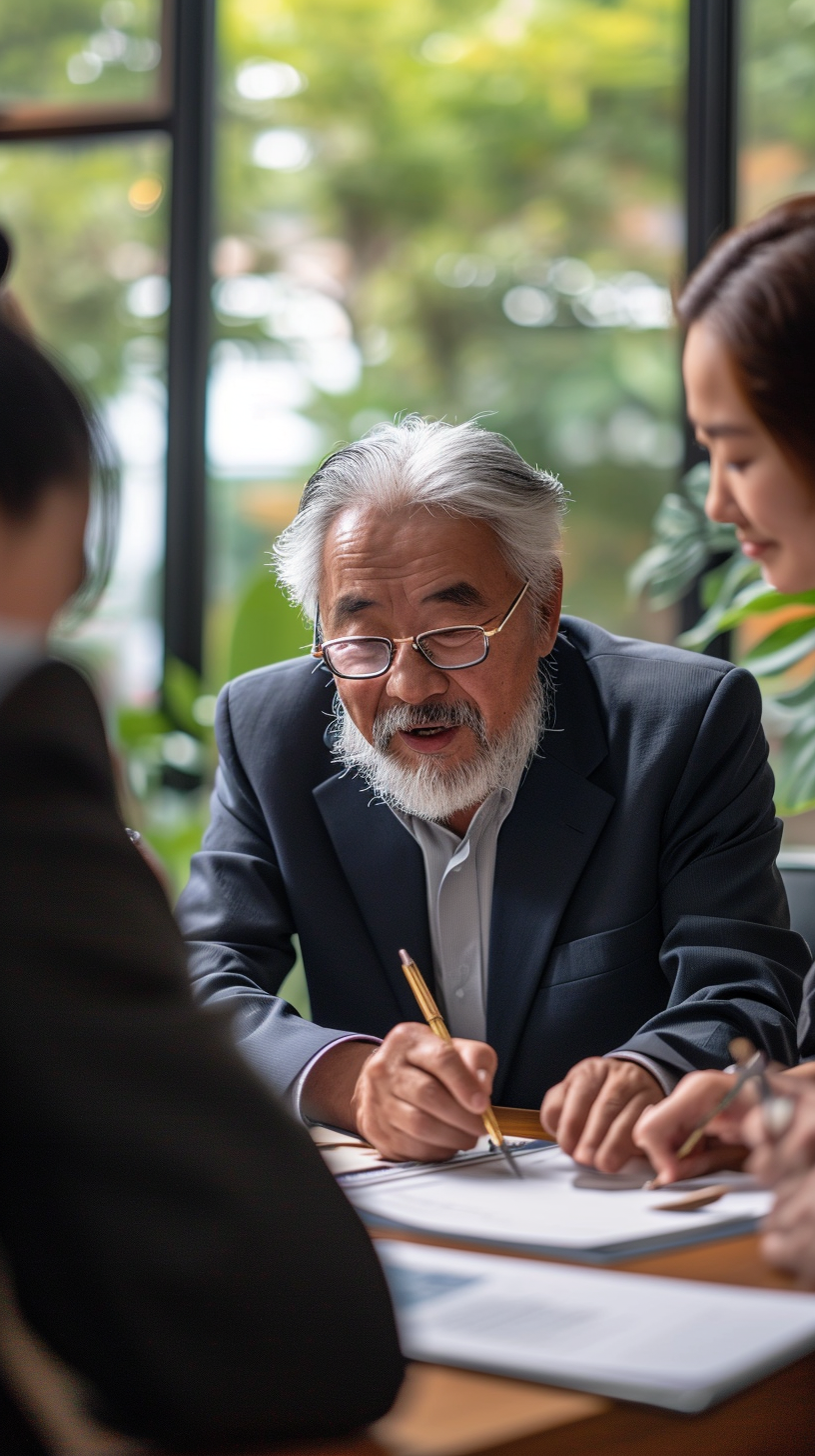 Asian people signing paperwork at office table