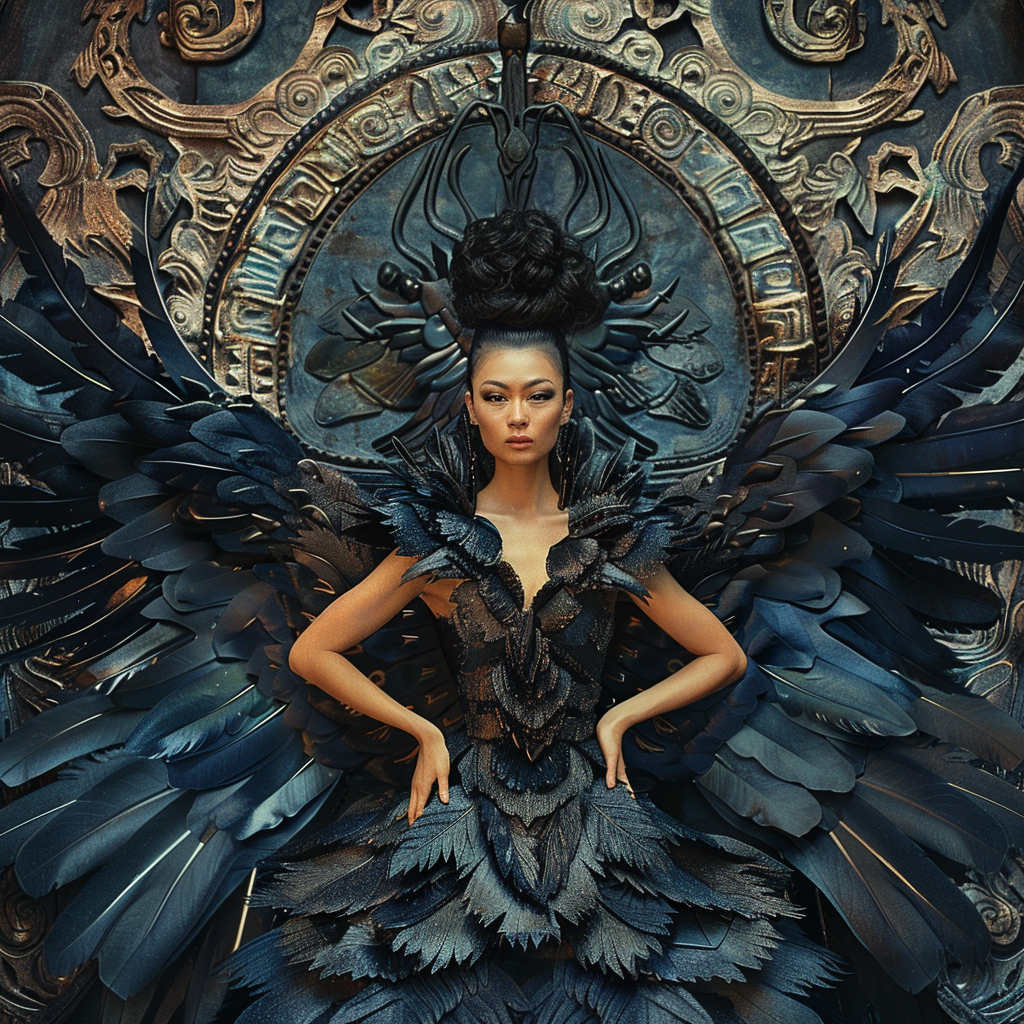 Asian Queen in Black Swan Feather Dress