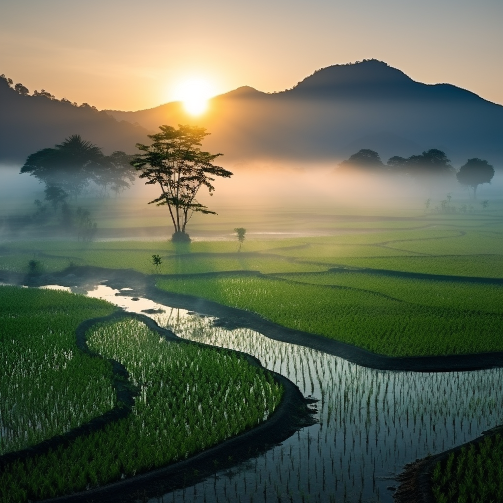 Serene Asian Rice Field Sunrise