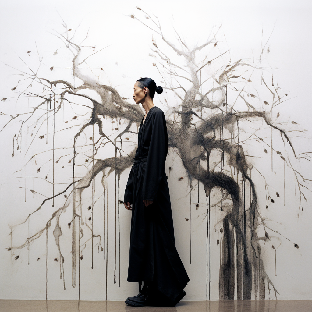 Asian supermodel in Rick Owens clothes with abstract tree