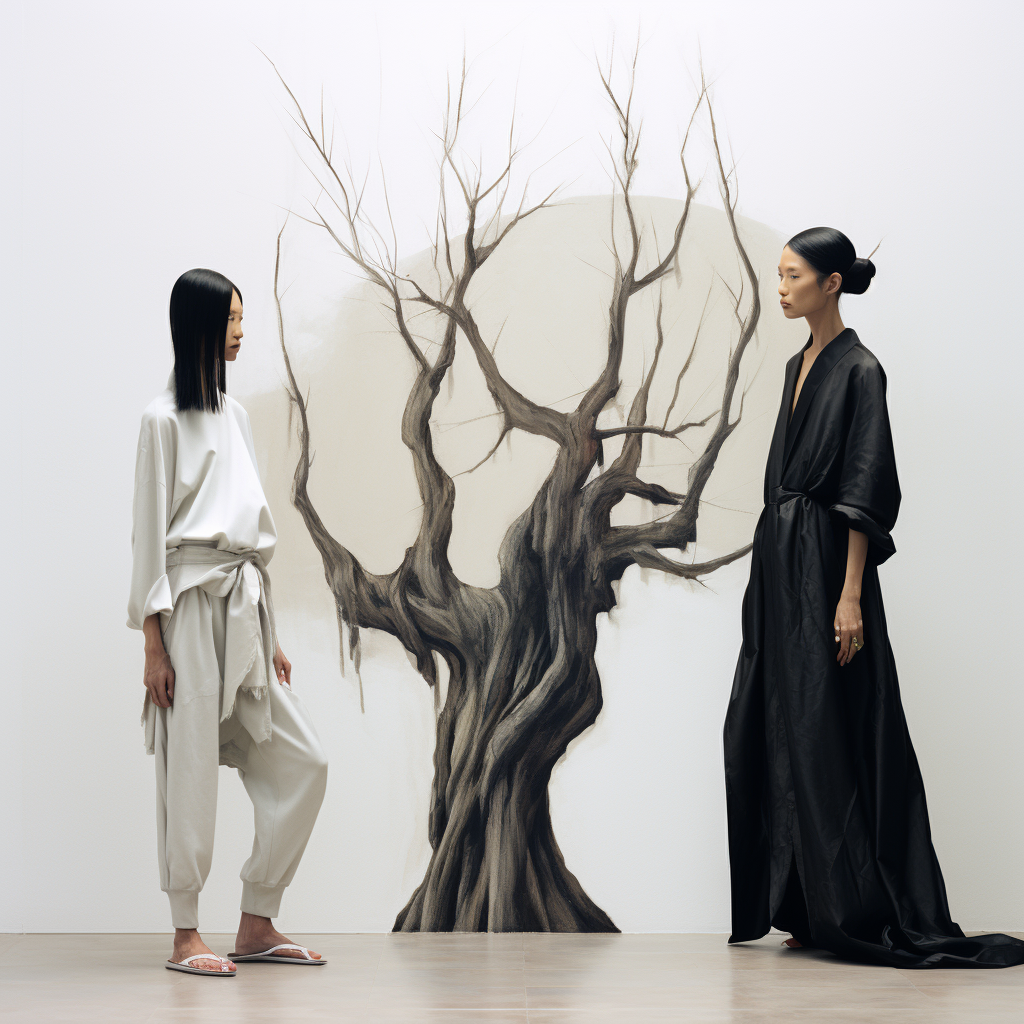 Two Asian supermodels in Rick Owens clothes posing in a white studio