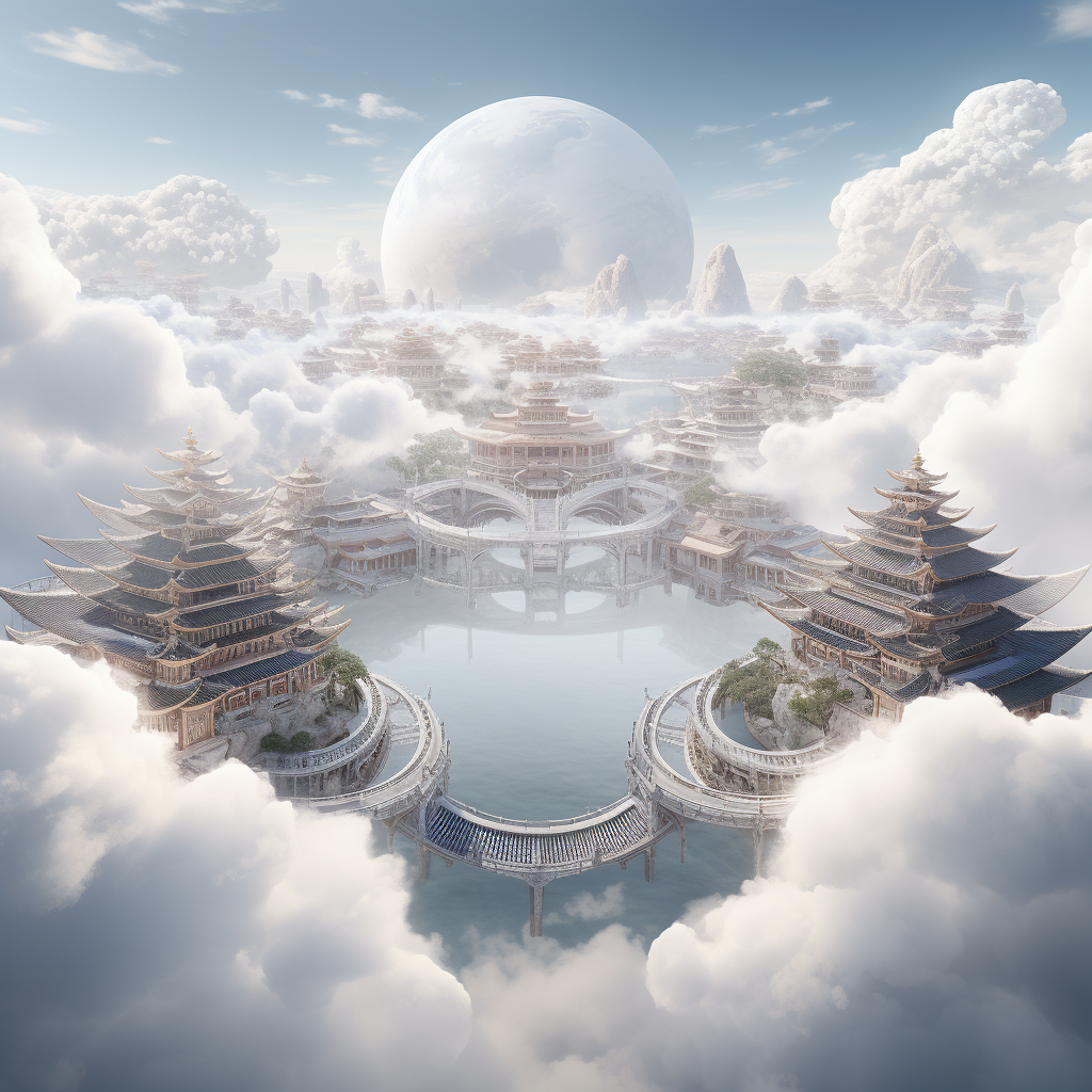 Floating Asian Temples Connected in Clouds