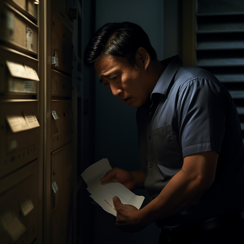 Tearful Asian Uncle in Mailbox at Night