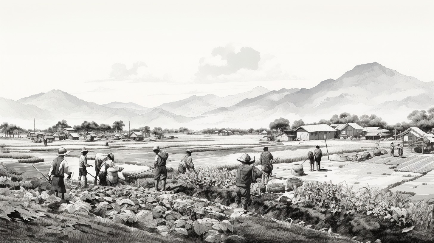 Asian volunteers and African farming scene