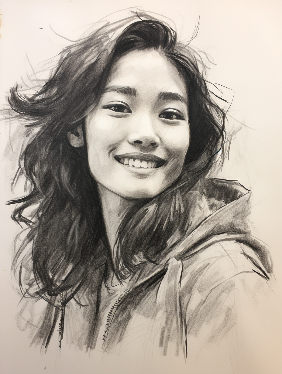 Charcoal sketch of a smiling Asian woman in her early 20s