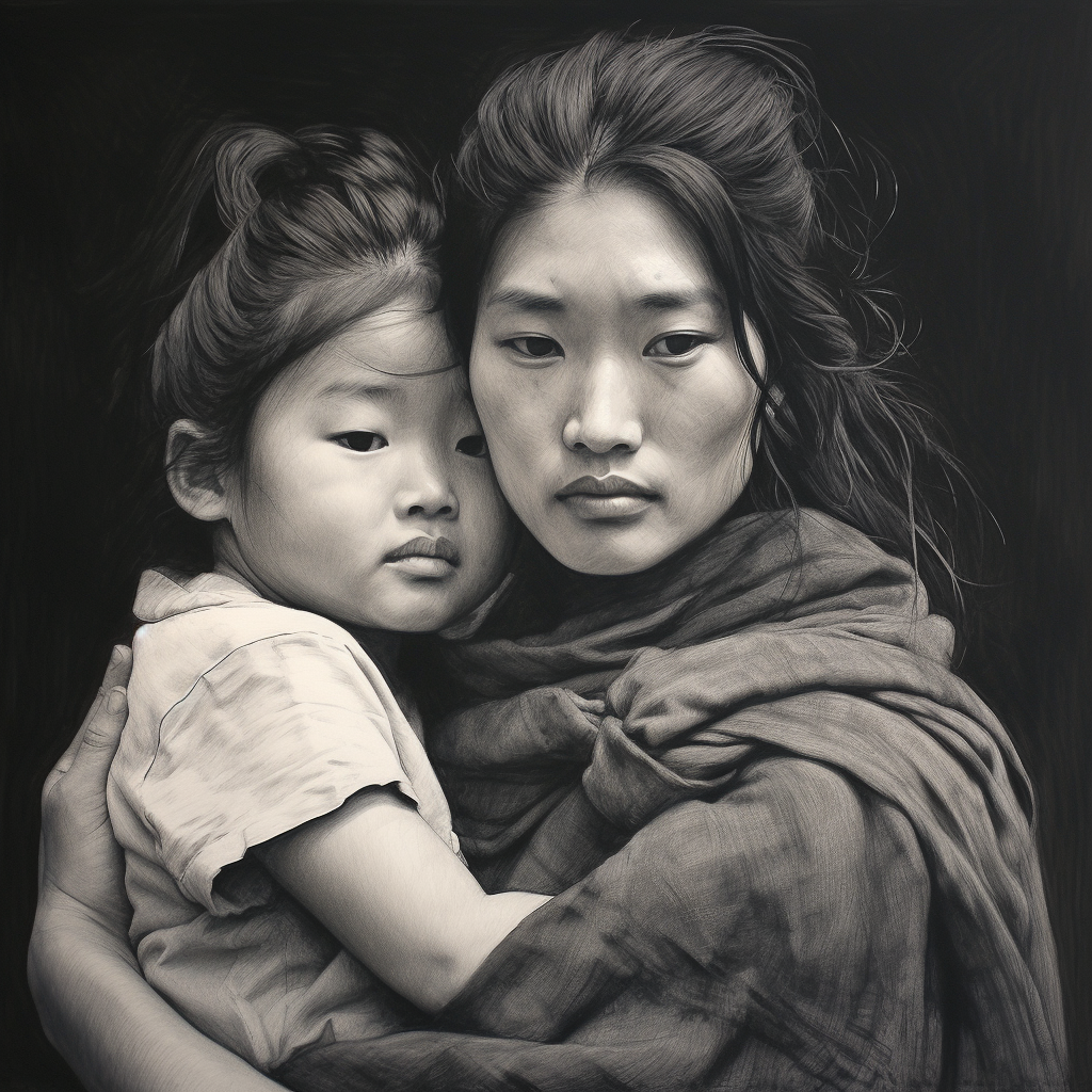 Charcoal drawing of an Asian woman carrying a baby