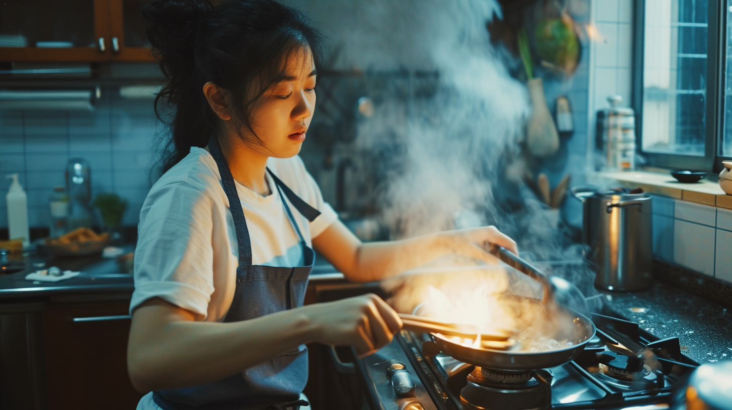 Asian woman cooking on gas hob