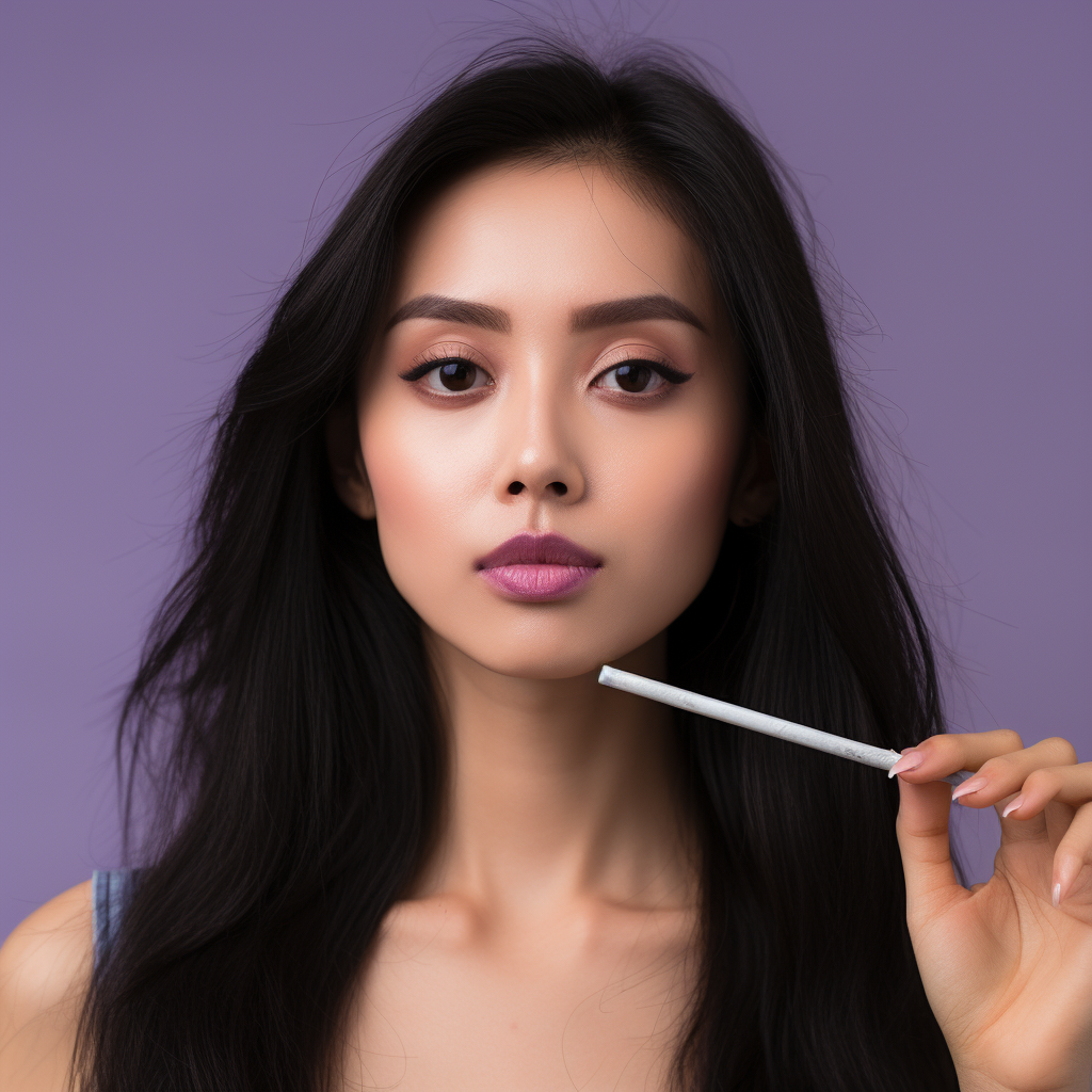 Asian woman licking purple popsicle