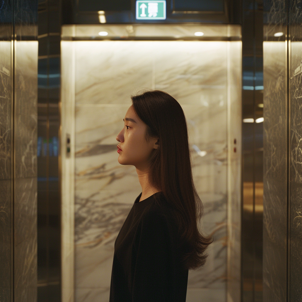 Asian woman at hotel lobby lift