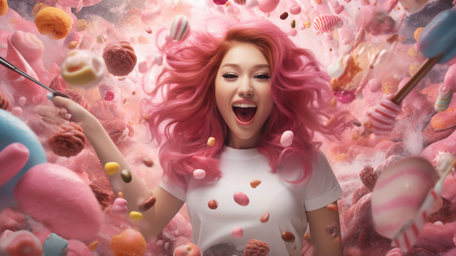 Pink-haired Asian Woman Brushing Teeth amidst Pink-colored Food and Desserts