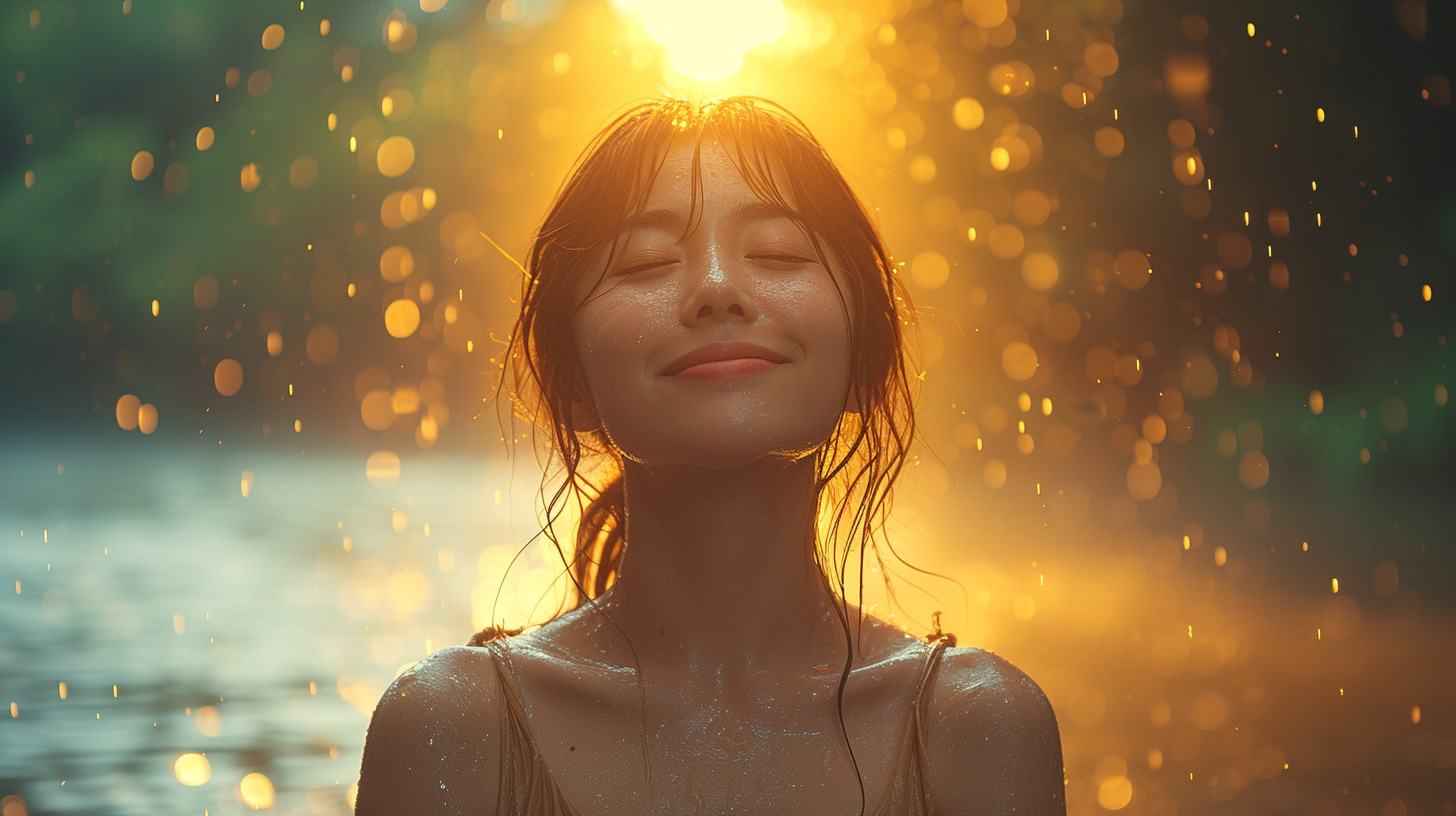 Asian woman playing in rain rice forest