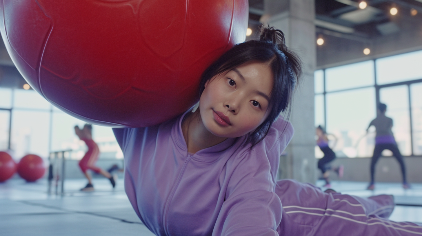 Asian woman doing situps in gym