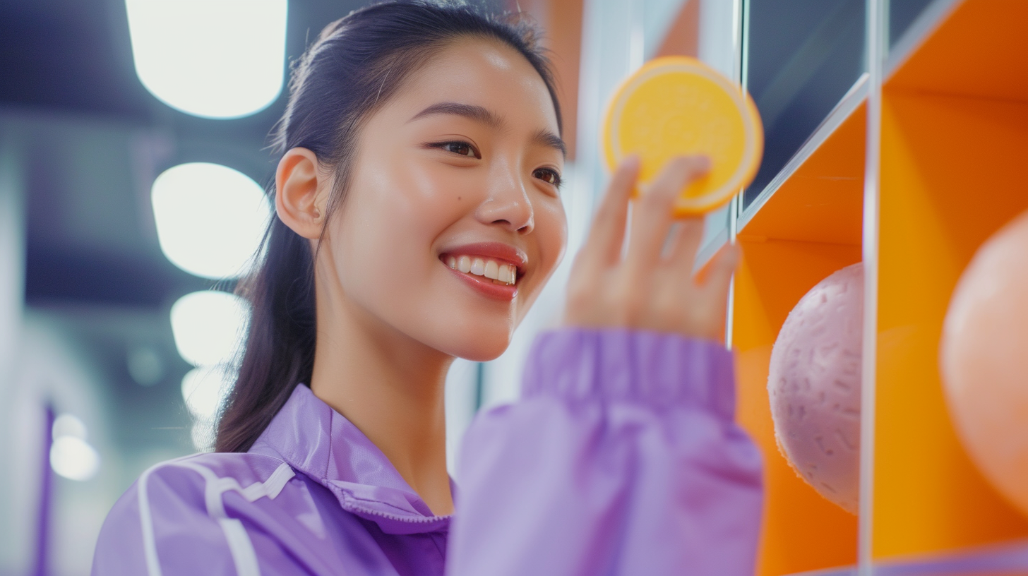 Asian woman in purple outfit smiling in mirror