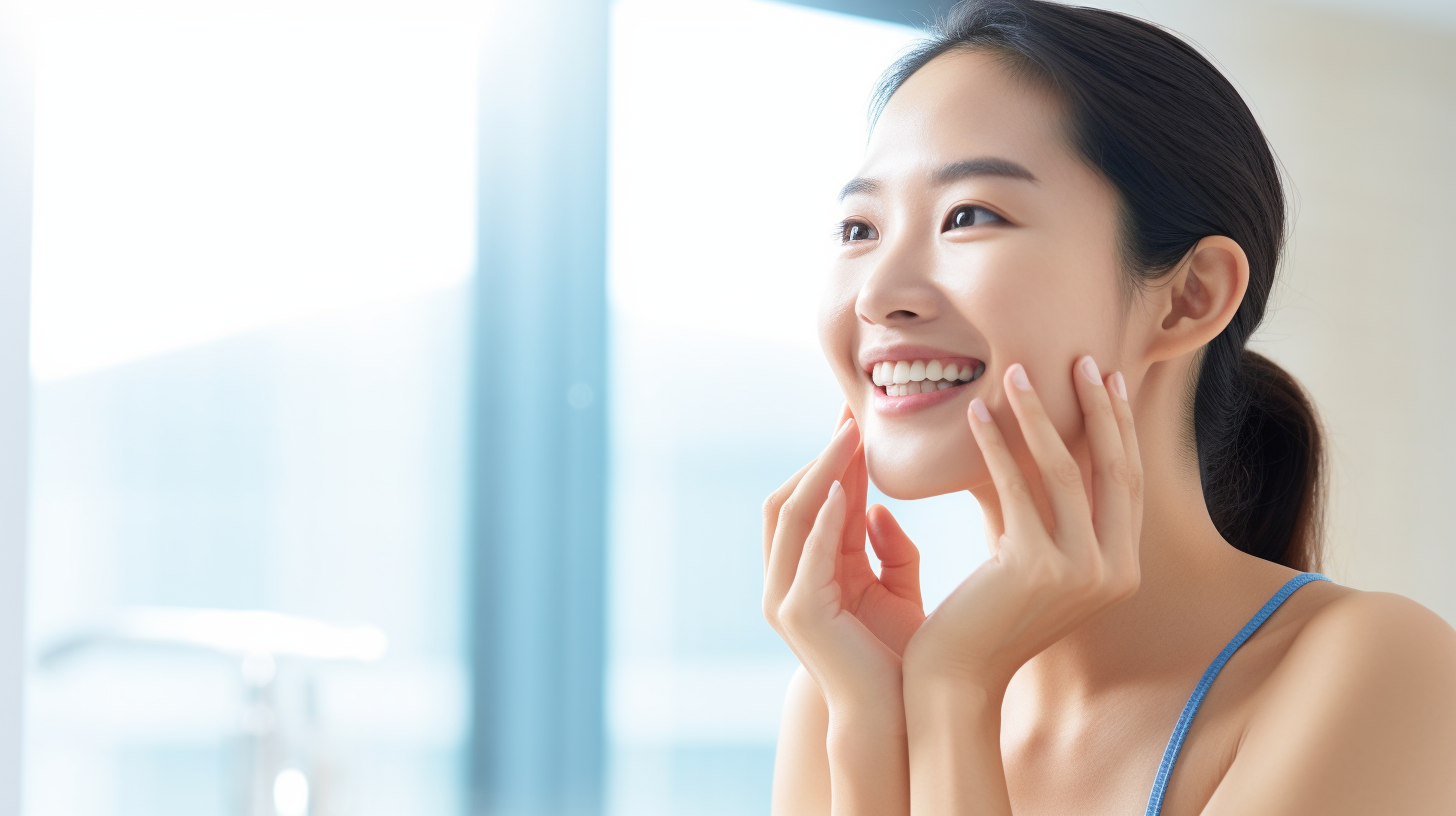 Asian woman smiling at mirror