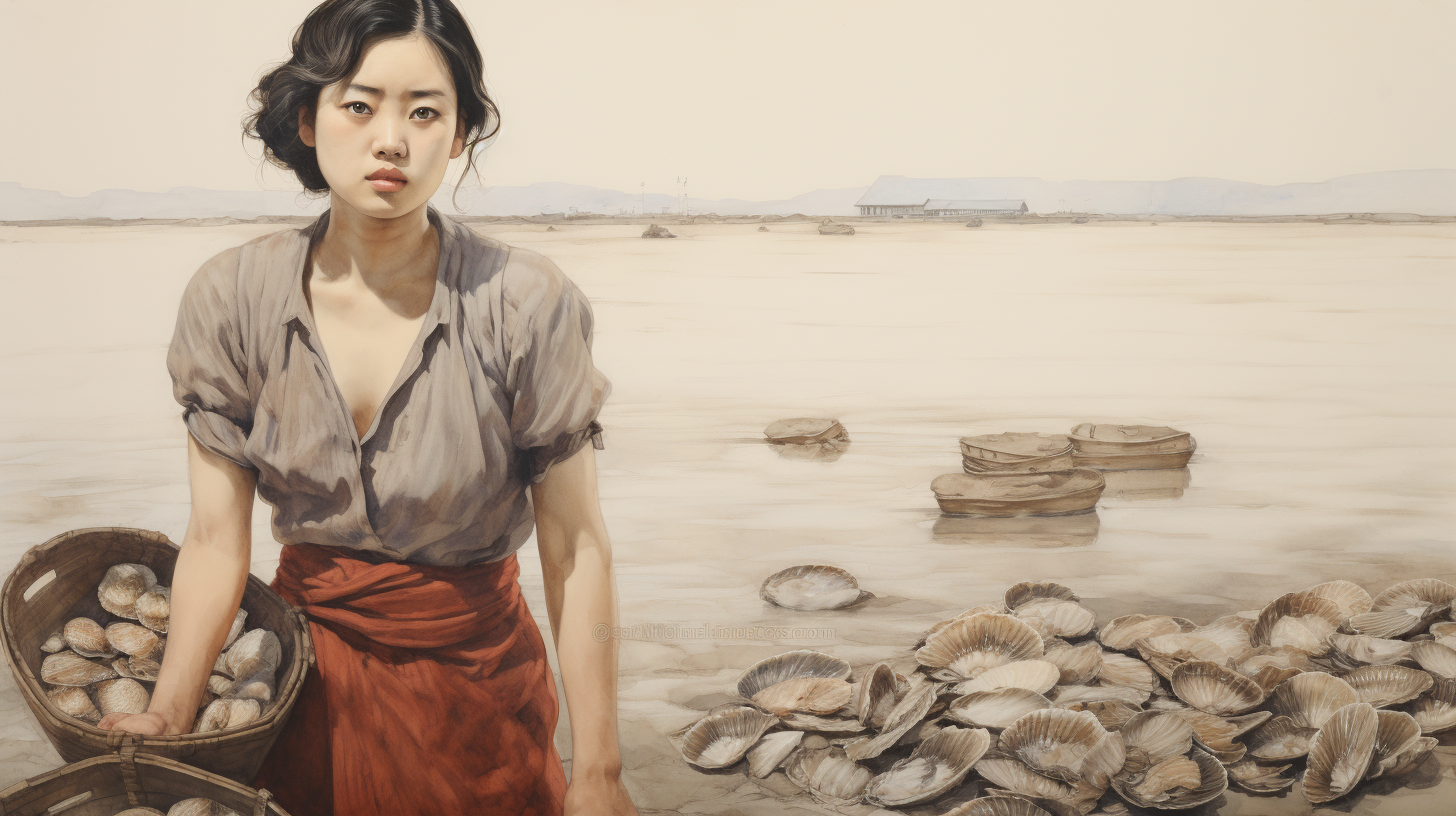 Asian woman gathering oysters in the 1960s