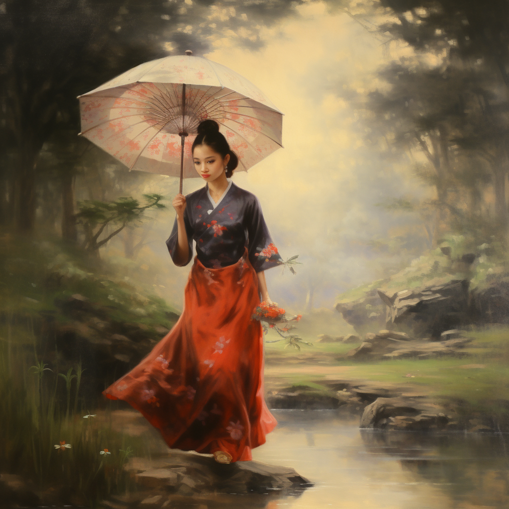 Asian woman with umbrella in nature