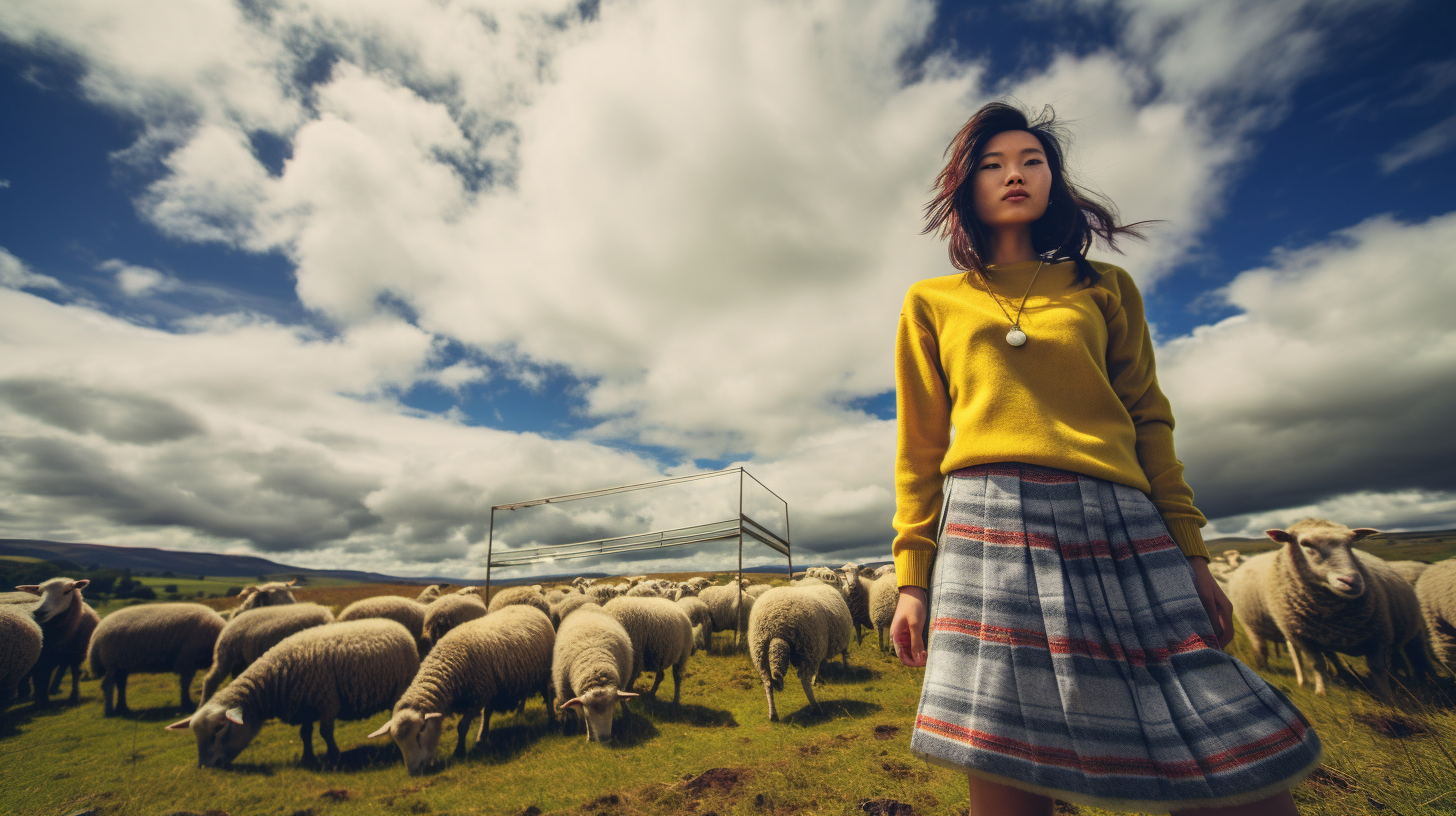 Asian woman in stylish wool sweater and yellow skirt