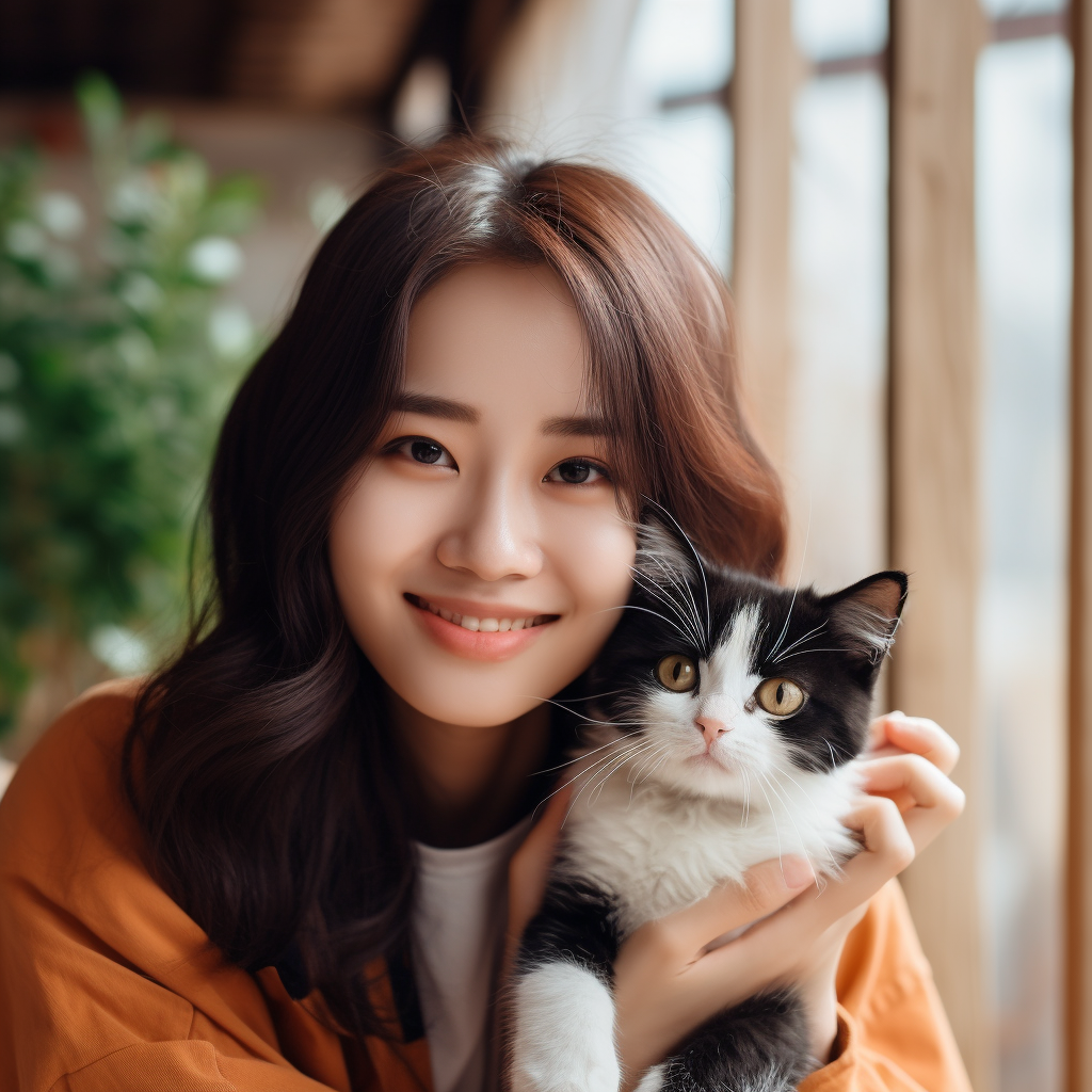 Asian Women with Cat and Dog, Happy Mood