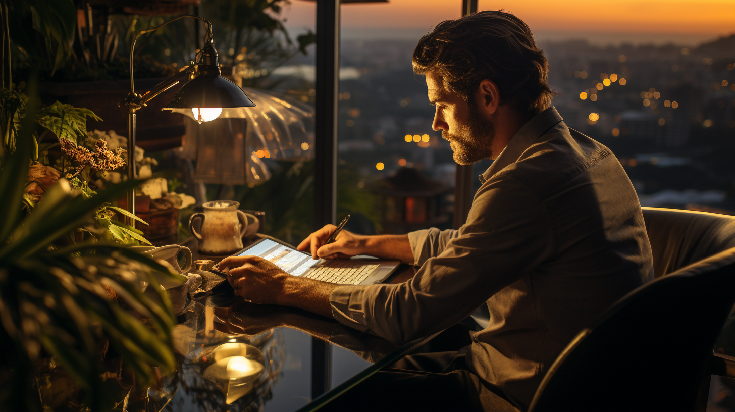 Asian person writing on laptop in luxury penthouse