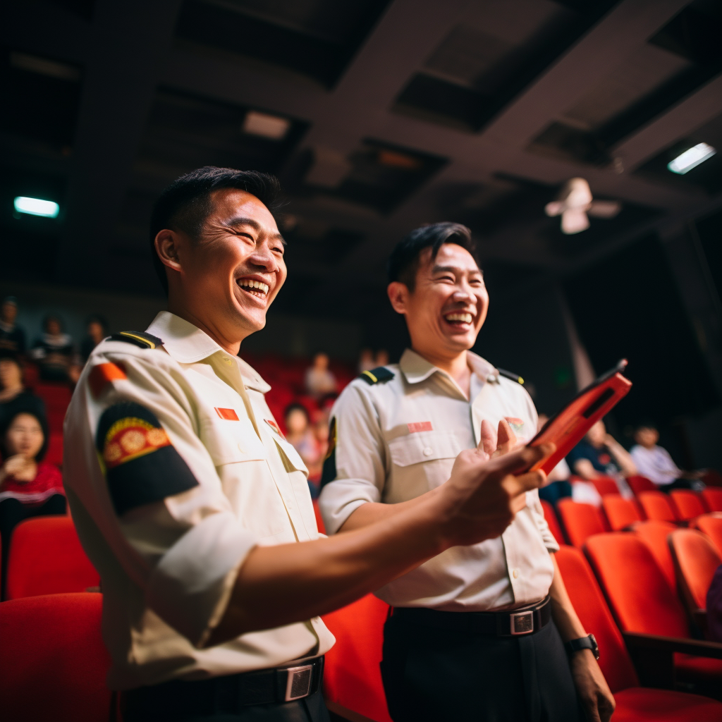 Two Asian fire officers giving fire prevention talk