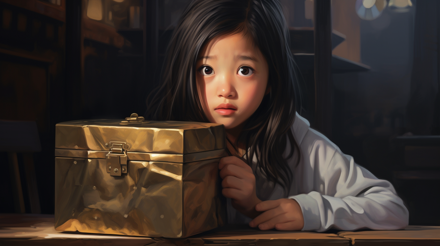 Curious Asian girl examines closed metallic box