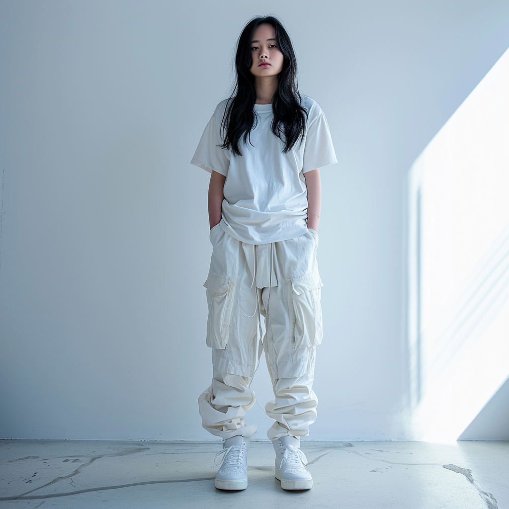 Asian girl in studio with streetwear attire