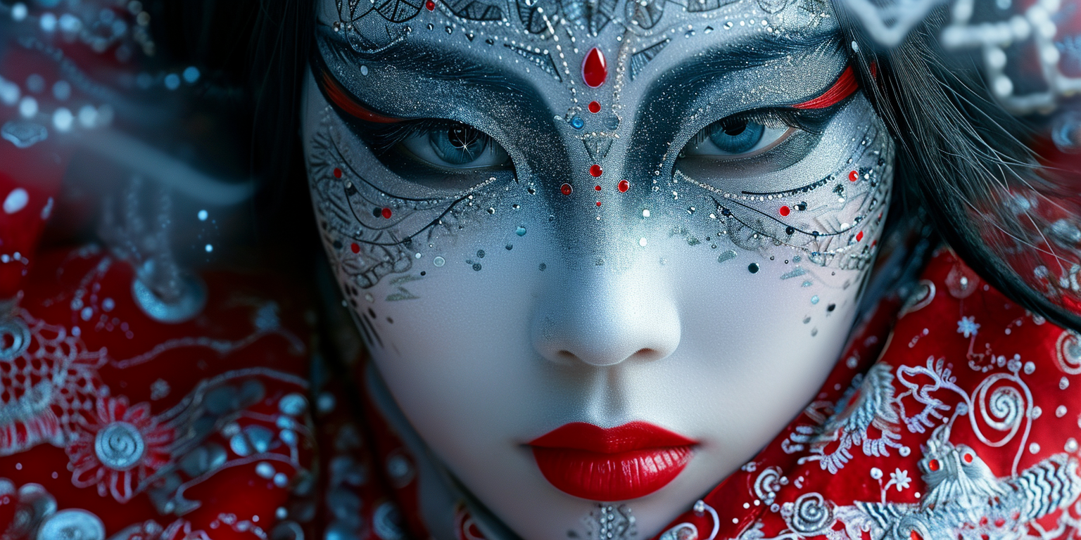 Asian girl with theatrical mask and black hair