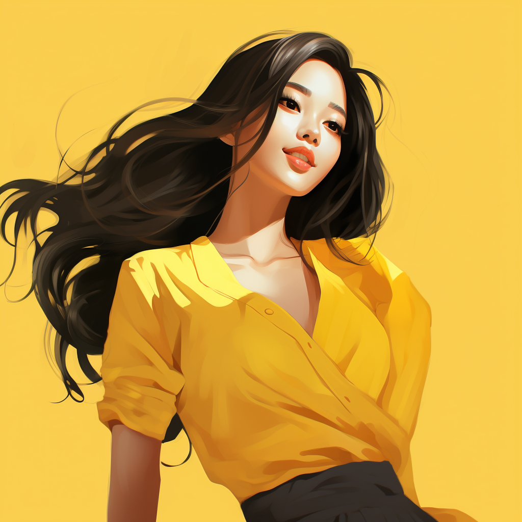 Confident Asian girl in yellow dress with long hair